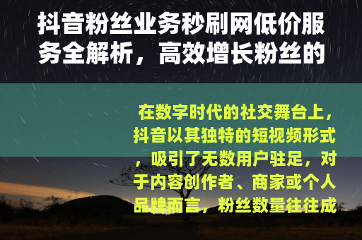 抖音粉丝业务秒刷网低价服务全解析，高效增长粉丝的策略分享