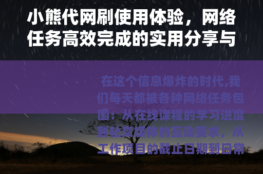 小熊代网刷使用体验，网络任务高效完成的实用分享与思考